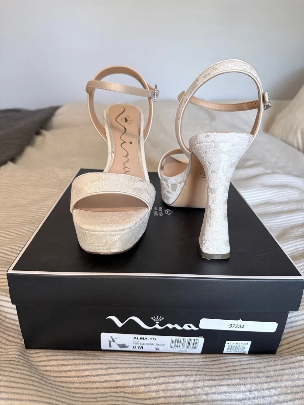 Nina Shoes Cream Lace Platform Heels with Rhinestone Buckles